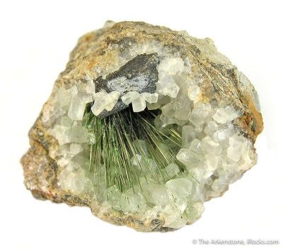 Millerite on Calcite in Geode