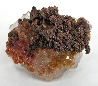 Copper, Cuprite (Var: Chalcotrichite), Calcite, Quartz