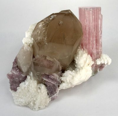 Elbaite, Quartz (Var: Smoky Quartz), Lepidolite, Albite