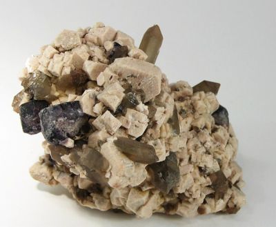 Microcline, Quartz (Var: Smoky Quartz), Fluorite