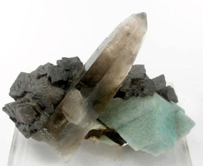Quartz (Var: Smoky Quartz), Microcline (Var: Amazonite), Goethite