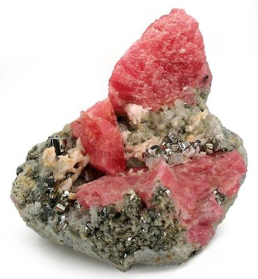 Rhodochrosite, Pyrite, Calcite (Var: Manganoan Calcite), Quartz