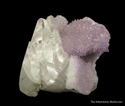 Calcite (fluor.) on Quartz var. Amethyst
