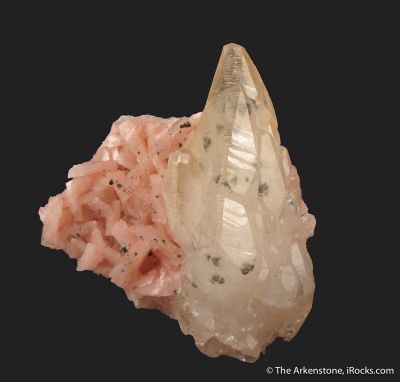 Calcite with Chalcopyrite on pink Dolomite